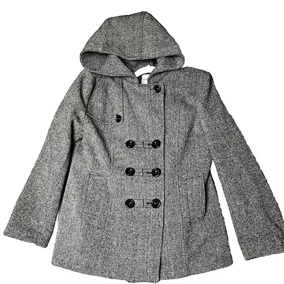 Croft & Barrow Tweed Wool Hooded Pea Coat Jacket Double Breasted Gray Black Med - Picture 4 of 13